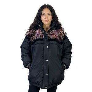 Vintage Triple FAT Goose Down Parka Coat Womens L Black Velvet Fur Trim Hood